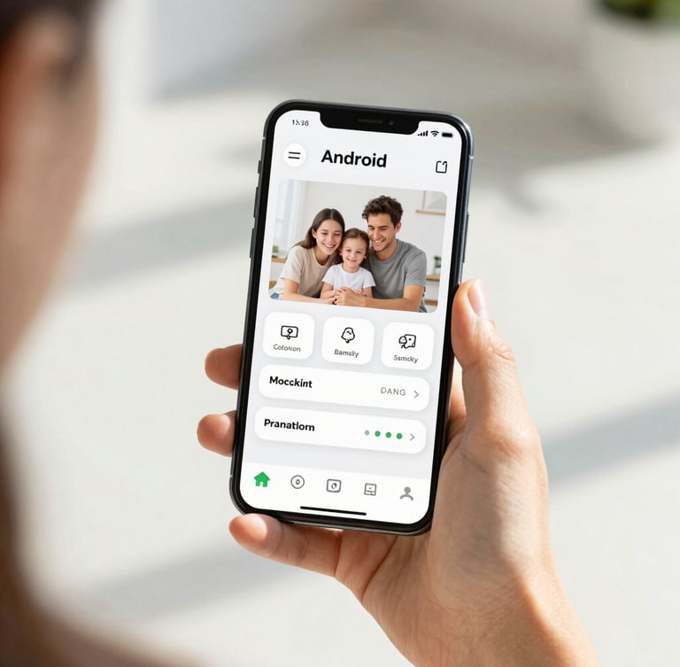 Over-the-shoulder shot of a hand holding a modern Android phone displaying a clean, highly accessible family application interface with bright daylight and soft shadows.