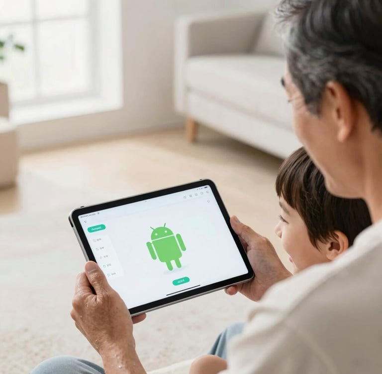 Over-the-shoulder shot of a grandfather and child laughing while interacting with a brightly lit Android tablet interface, soft natural daylight, minimalist home setting