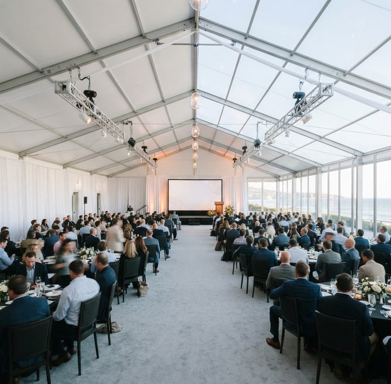 Wide shot of a large, pristine white structural tent interior set up for a corporate event, with elegant lighting and a stage visible, under crisp coastal daylight, professional and clean composition.