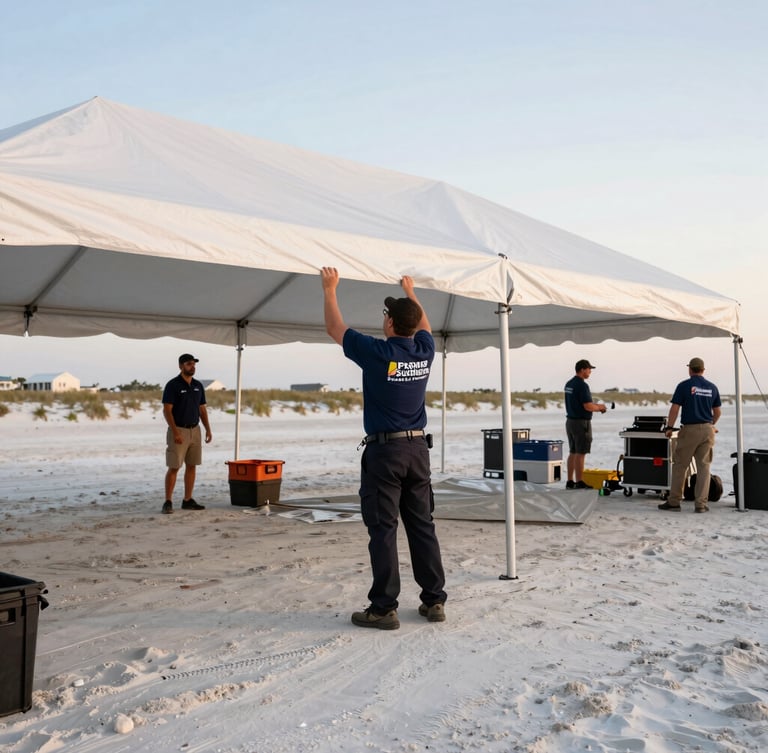 A professional, uniformed Premier Southern Events crew member actively setting up a large structural tent on a sunny Gulf Coast day, focused and precise, with other team members and equipment in the background. Bright editorial photography, crisp coastal daylight, wide-angle, clean composition.