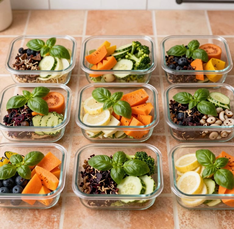 Overhead flat-lay of neatly organized glass meal prep containers filled with colorful healthy food, fresh basil leaves, warm terracotta tiles, bright afternoon daylight