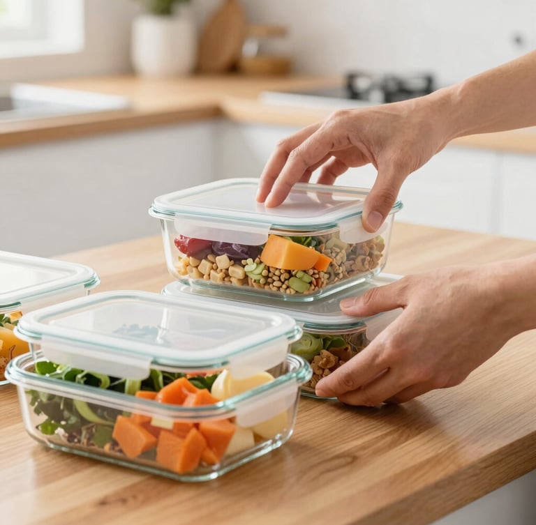 Close-up of hands neatly organizing glass meal prep containers filled with colorful healthy food on a clean wooden kitchen counter, bright natural daylight, 35mm