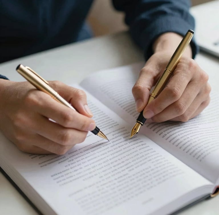 A close-up of hands annotating a dense academic manuscript with a gold fountain pen, soft diffused daylight illuminating high-quality paper, organized workspace, quiet scholarly atmosphere