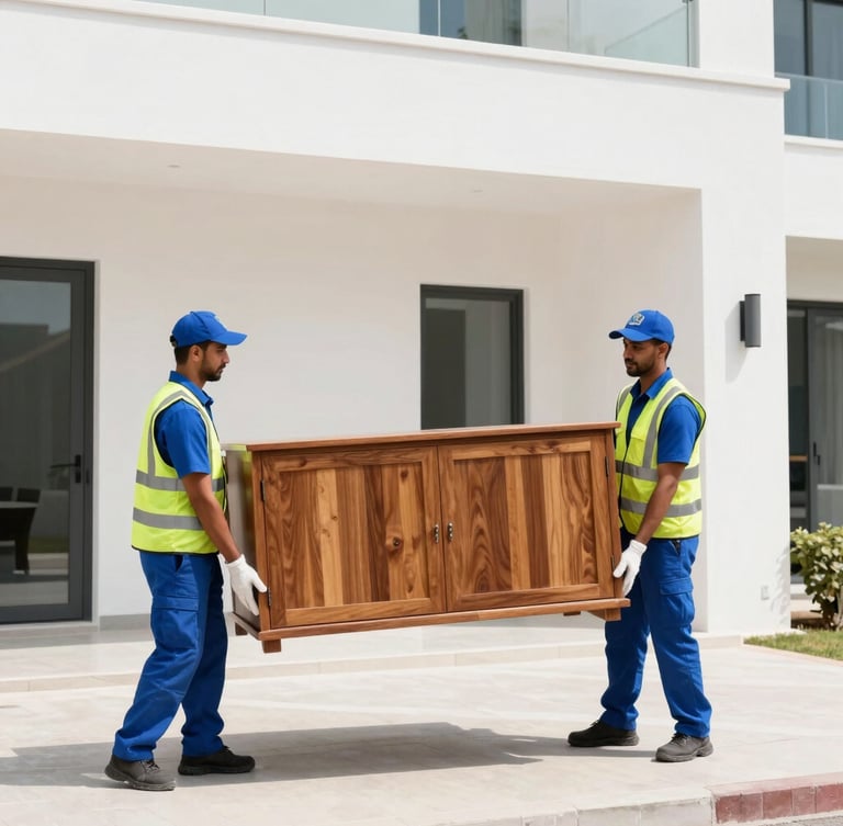 Medium shot of two professional uniformed waste removal crew members carefully carrying a large wooden cabinet out of a modern Dubai villa, bright daytime lighting, 35mm