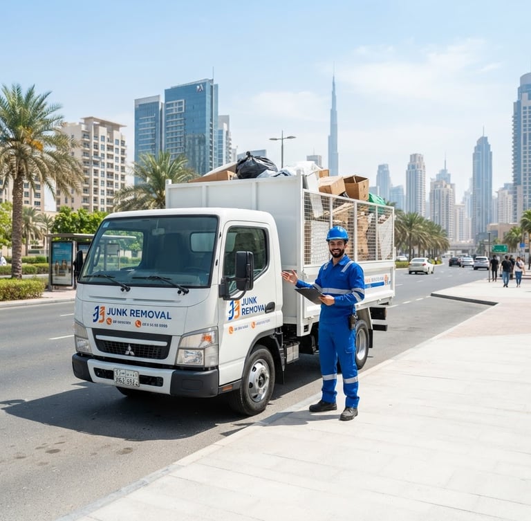 Wide shot of a clean, branded white junk removal truck parked on a modern Dubai street, professional uniformed crew member standing beside it under bright midday sunlight, sharp focus, 35mm