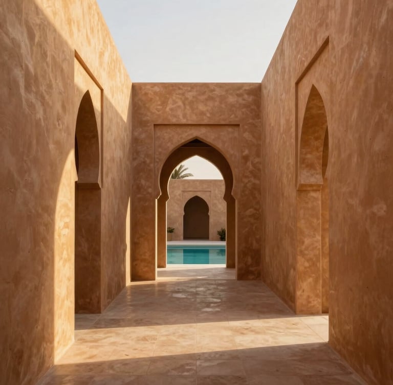 Symmetrical architectural shot of a minimalist Marrakech villa hallway, warm golden light casting long shadows on sand-colored plaster walls, pristine plunge pool visible, high-end luxury.