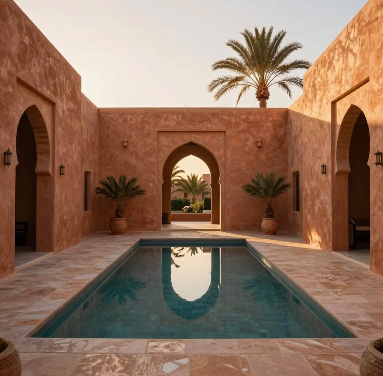 Symmetrical architectural shot of a minimalist Marrakech villa courtyard at golden hour, warm light on terracotta plaster walls, pristine pool reflecting palm trees, 35mm lens.