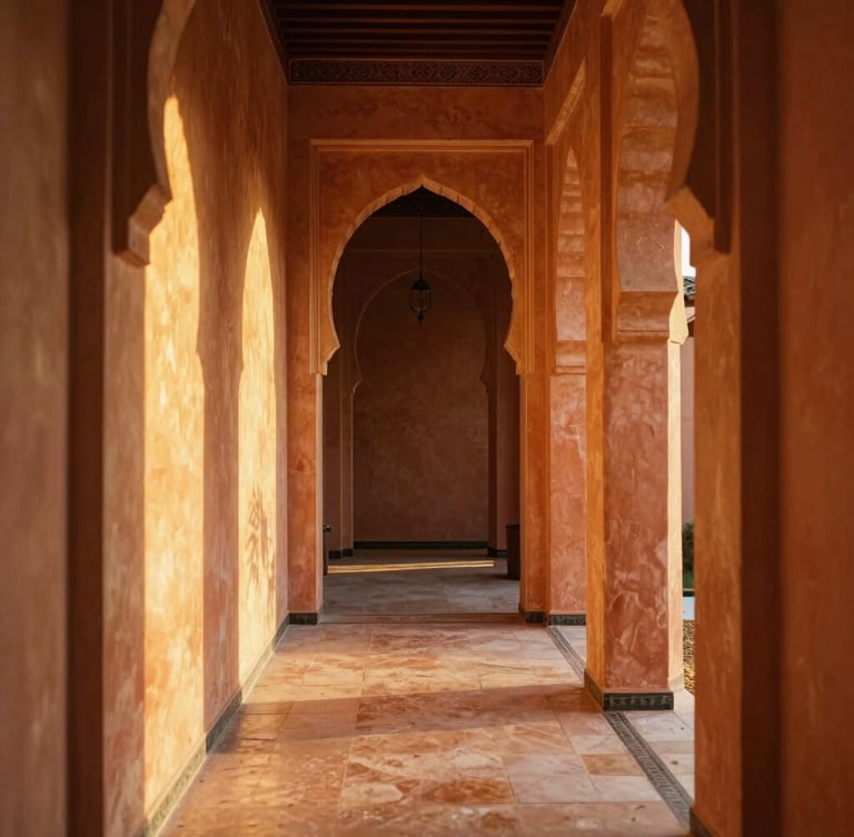Symmetrical architectural view of a luxury riad hallway in Marrakech, warm golden hour light reflecting on polished tadelakt walls, terracotta tones, 35mm lens.