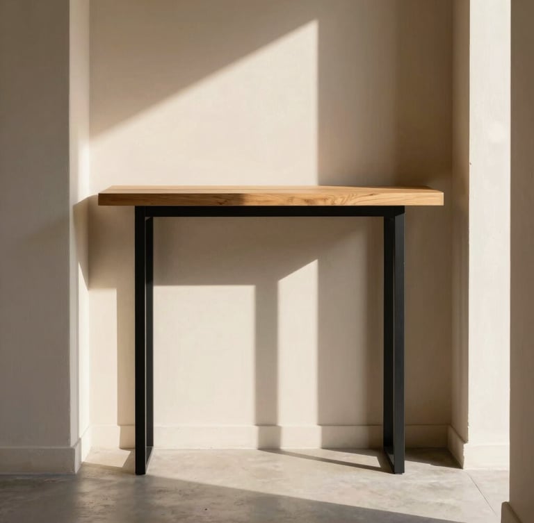 Straight-on architectural crop of a slim oak console table with matte black steel legs in a narrow hallway, hard afternoon sunlight casting graphic shadows, 50mm.