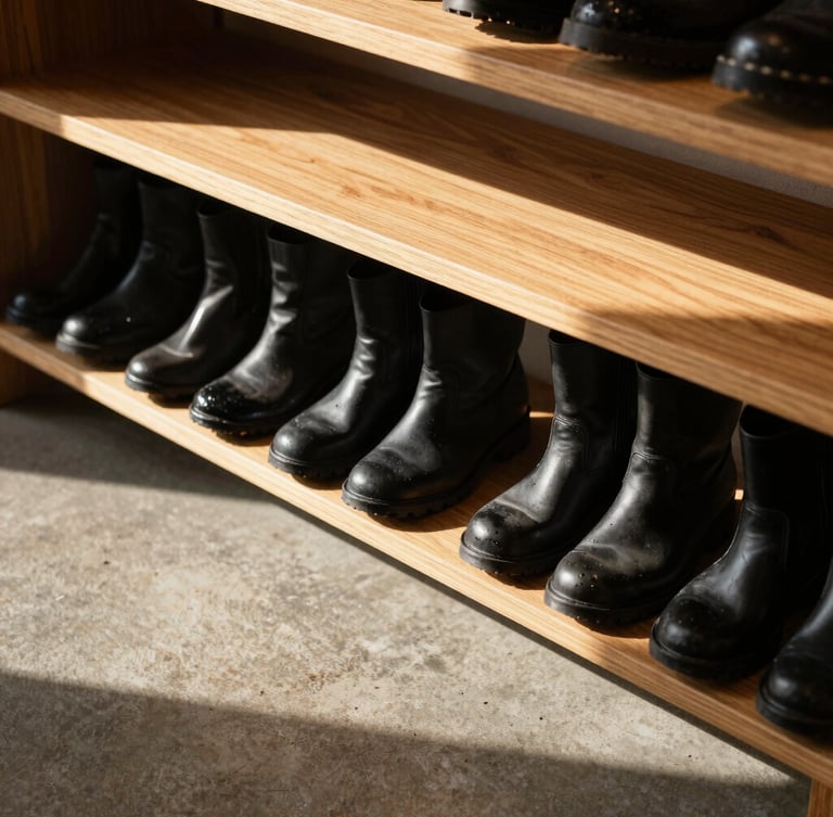 Flat elevation close-up of wet boots neatly aligned on a warm oak shoe bench, hard directional afternoon sunlight, graphic shadows on a concrete floor, 50mm.