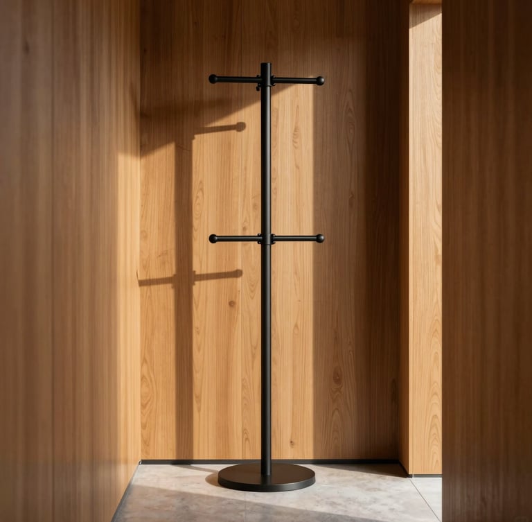Straight-on architectural crop of a matte black double-rod coat tree in a narrow hallway, hard directional afternoon sunlight casting graphic shadows, rich wood textures and matte black steel, 50mm.