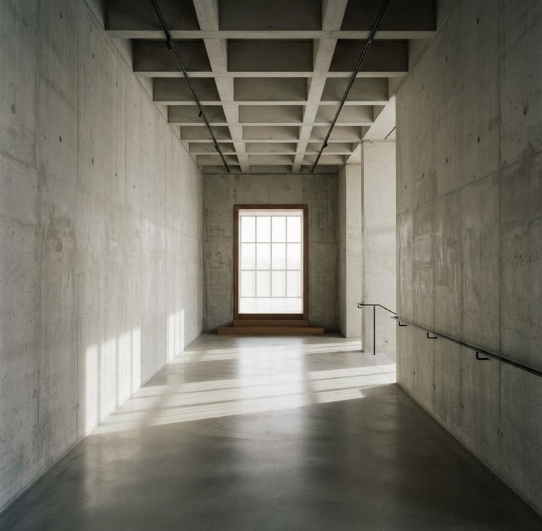 Straight-on one-point perspective of a minimalist concrete interior, soft diffused daylight casting long shadows on raw materials, neutral tones, 80mm medium format architectural photograph