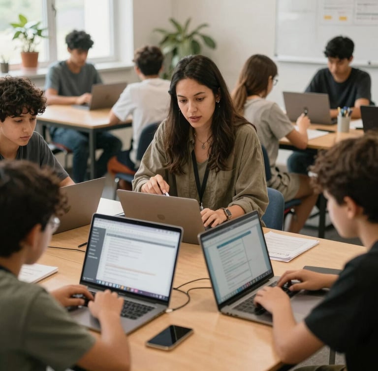 A medium shot of an active, warm learning environment where a local educator is guiding students through a digital literacy workshop, natural diffused daylight, authentic documentary style.