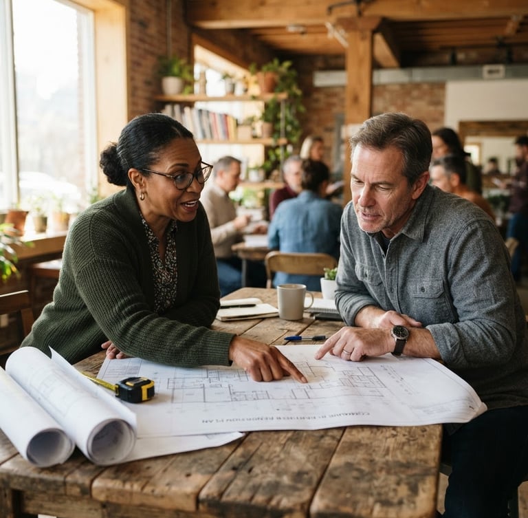 A medium shot of two community leaders in a warm, sunlit room, looking over architectural blueprints on a rustic wooden table, authentic documentary style, rich earthy tones.