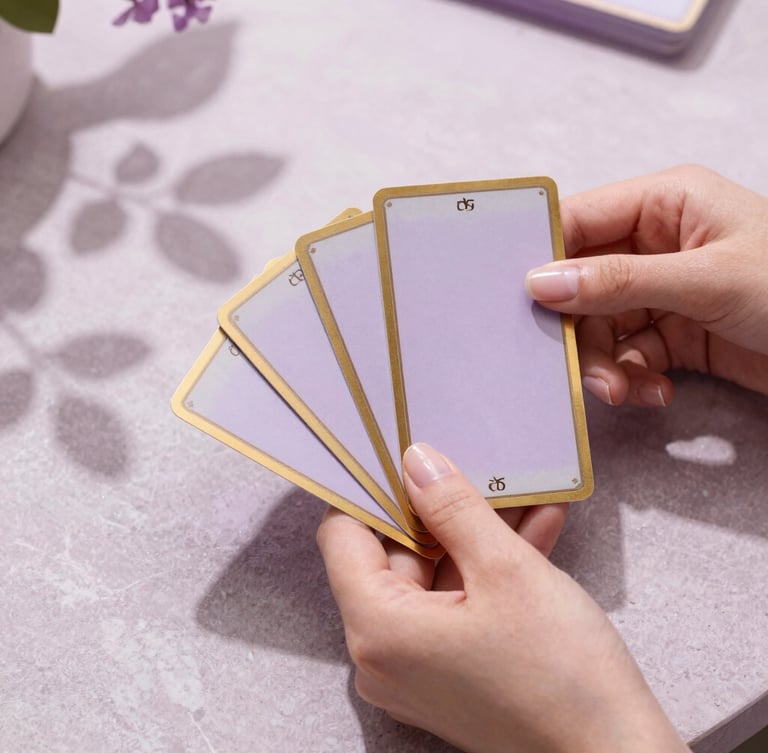 Hands with elegant clean manicure gently holding gold-rimmed tarot cards over a stone table, soft lilac morning light, botanical leaf shadows, 35mm