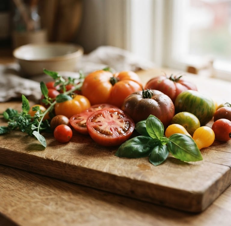 Close-up of fresh, vibrant heirloom tomatoes and basil on a wooden cutting board, soft Scandinavian daylight, rich crimson and forest green tones, shallow depth of field, 35mm film, wide panoramic frame.