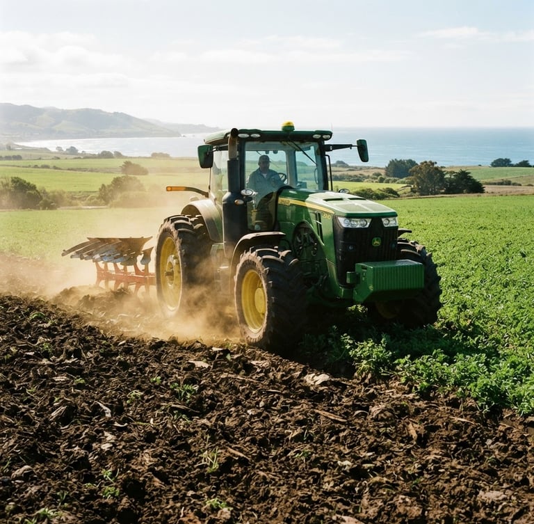 Vista heroica de un tractor moderno arando un campo verde bajo el sol brillante de la costa de Santa Elena, con polvo levantándose sutilmente, ángulo bajo.