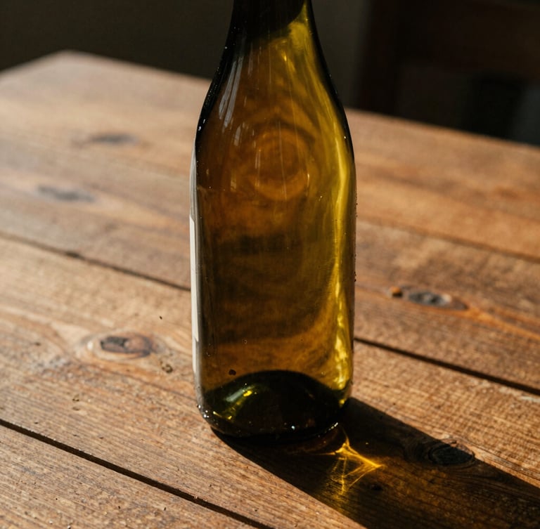 Warm editorial close-up of a wine bottle on a rustic wooden table at golden hour, soft natural light, rich earthy tones, 35mm film look