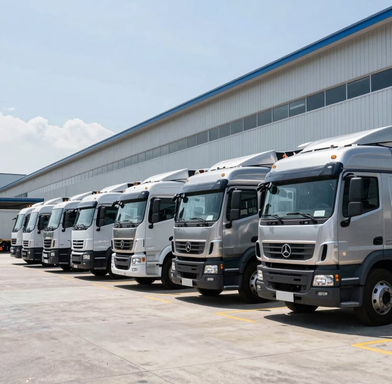 Wide environmental shot of a modern clean logistics hub in Colombia, commercial trucks aligned in a neat row under bright daylight, cool steel tones, 35mm lens.