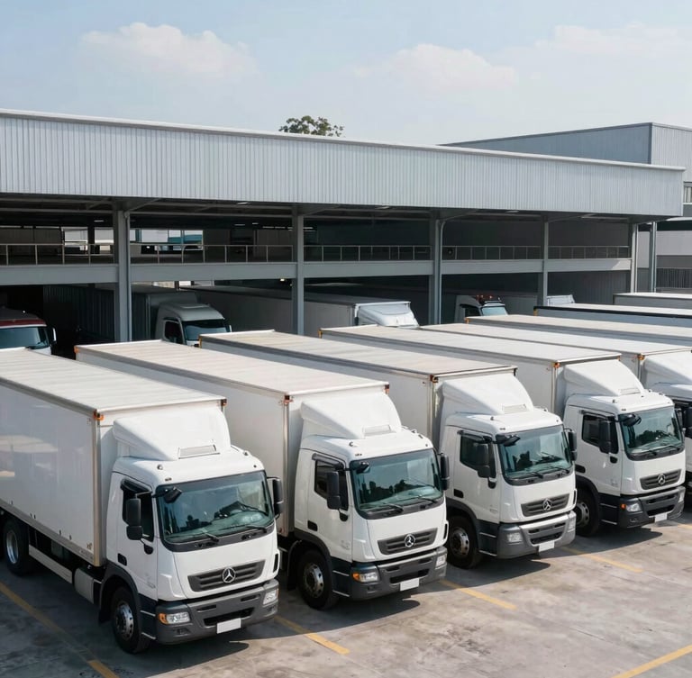 Wide environmental shot of a modern Colombian logistics hub, clean commercial trucks lined up, bright morning daylight, cool steel tones, 35mm lens.