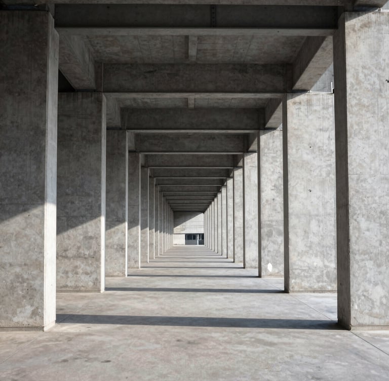 Wide architectural perspective of clean concrete pillars and steel beams aligning in perfect symmetry, cool morning daylight, sharp crisp shadows