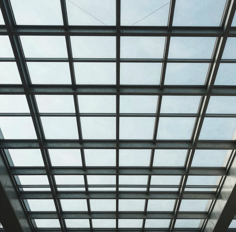 Structured architectural perspective looking straight up at a glass ceiling with clean geometric steel frames, cool daylight.