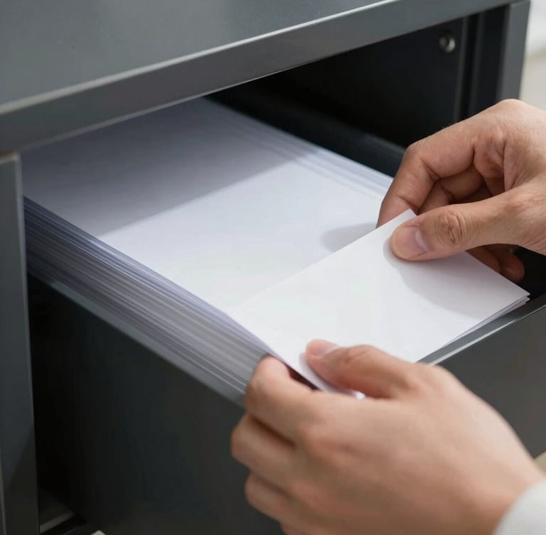 Macro close-up of hands organizing clean white document folders in a matte black cabinet, sharp shadows, cool daylight.