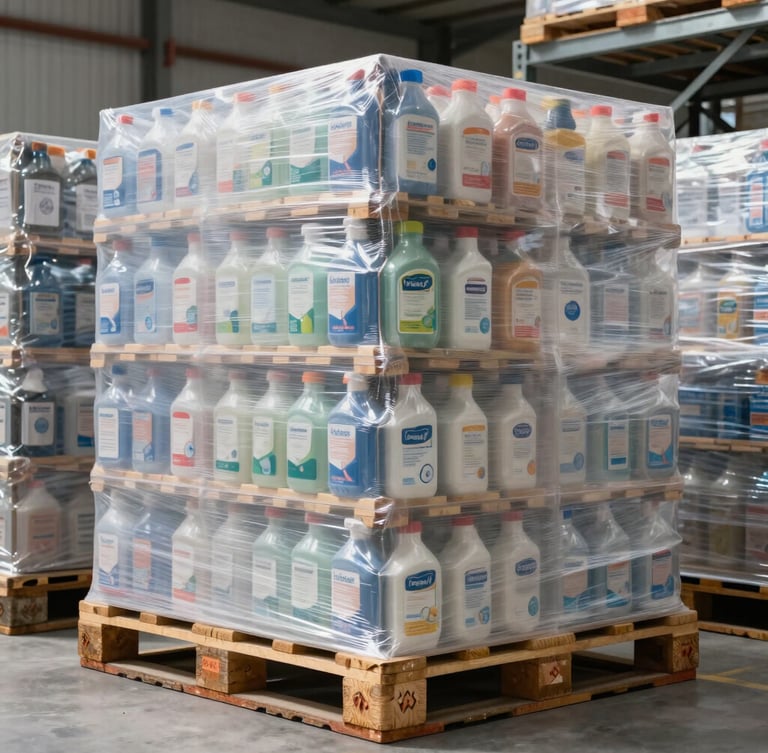 A crisp, high-clarity vertical shot of perfectly shrink-wrapped pallets of household essentials stacked in clean steel warehouse bays, bright daylight.