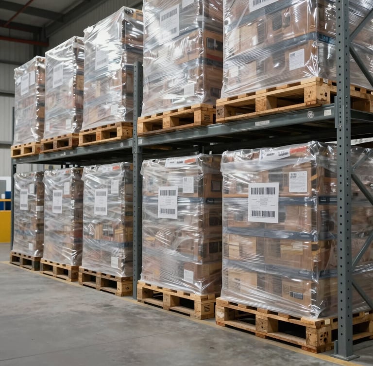 Wide-angle, high-clarity shot of organized industrial warehouse bays with shrink-wrapped pallets stacked on steel racks, bright neutral daylight, sharp focus on barcode labels.
