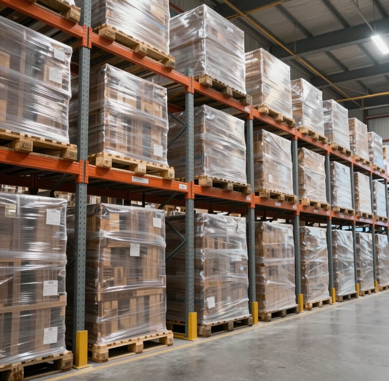 Wide environmental shot of a modern high-volume warehouse bay, organized shrink-wrapped pallets stacked on towering steel racks, bright neutral industrial daylight, high-clarity technical composition.