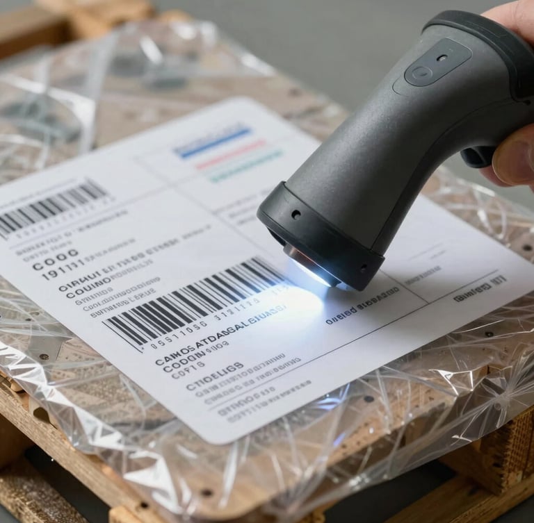 Tight macro detail of a barcode scanner illuminating a technical shipping label on a shrink-wrapped electronics pallet, bright neutral daylight.