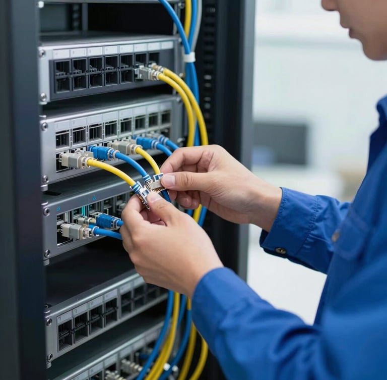 Close-up of a certified technician in a blue uniform neatly organizing blue and yellow ethernet cables inside an enterprise server rack, bright clean office lighting, shallow depth of field, 50mm