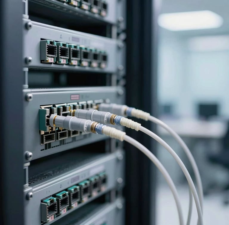 Close-up of structured fiber optic termination and neatly organized patch panels in a bright modern server room, shallow depth of field, cool-toned lighting.