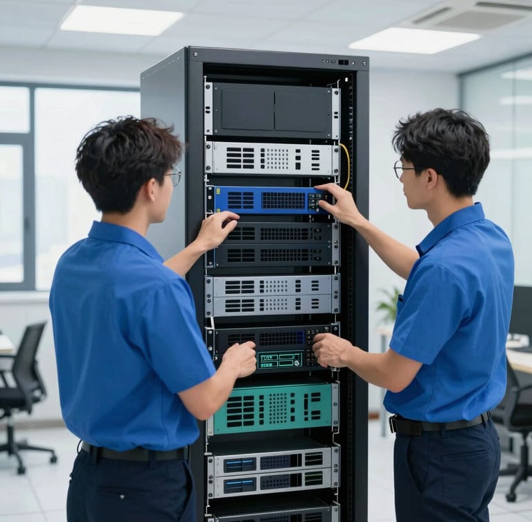 Crisp corporate photography, professional IT technicians in neat blue uniforms working on structured server racks in a bright, clean server room, 50mm lens.