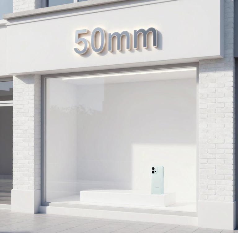 Bright high-key product photography of a modern storefront window, clean white brick facade, glowing sign, daytime, crisp studio-like natural light, 50mm