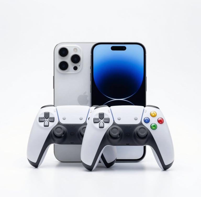 Bright high-key studio photograph of a modern unlocked smartphone and a sleek gaming controller side by side, clean white background, crisp studio light, sharp focus