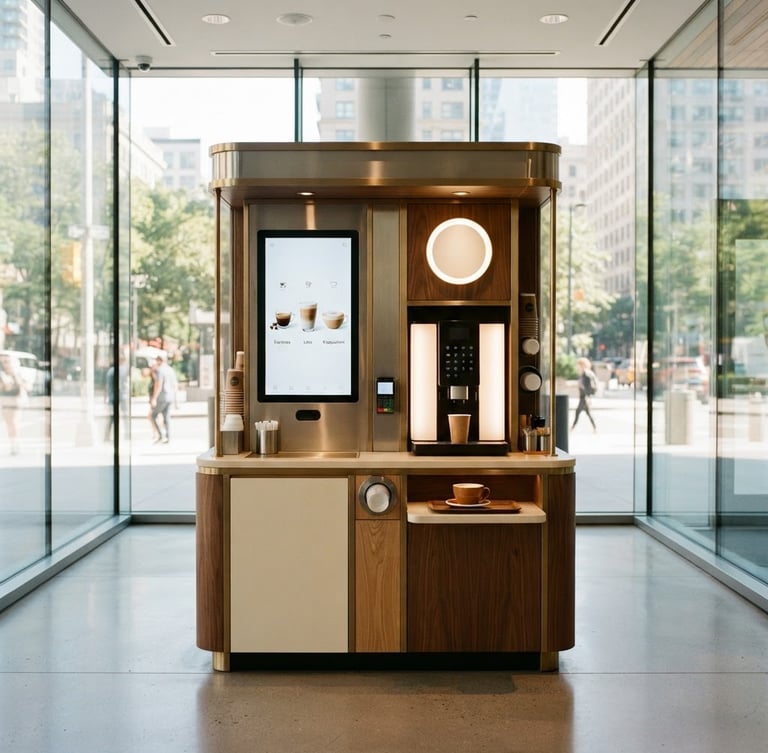 Straight-on architectural shot of a sleek automated Marley Coffee kiosk in a modern sunlit glass lobby, warm commercial photography with rich espresso and cream tones, sharp focus, 35mm