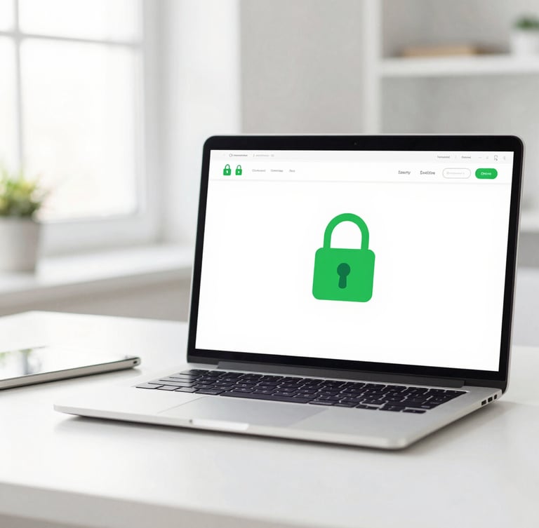 Bright high-key editorial photography of a clean minimalist tech workspace, soft natural daylight, showing a laptop screen displaying a secure website with a bright green padlock icon, 35mm, shallow depth of field
