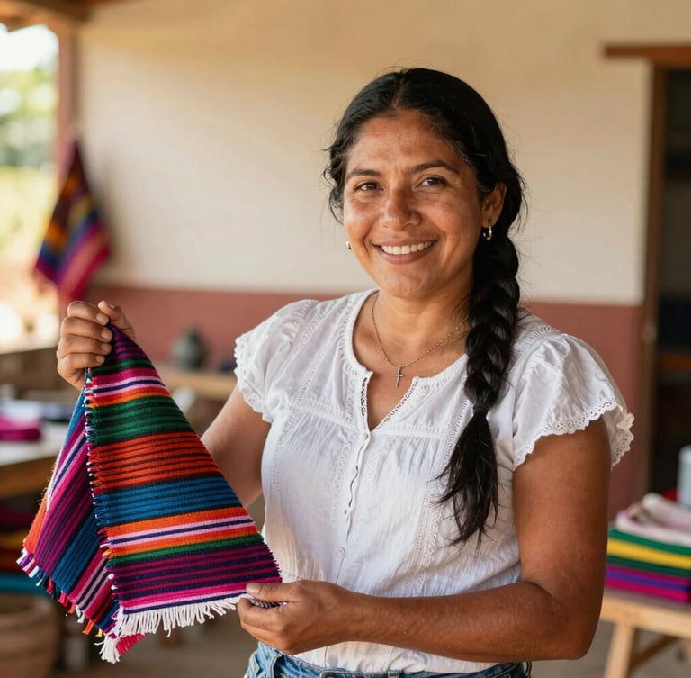 Portrait of a proud Colombian woman entrepreneur in Nariño, smiling warmly, holding her handmade textile product in a sunlit workshop, warm editorial photography, 35mm lens.