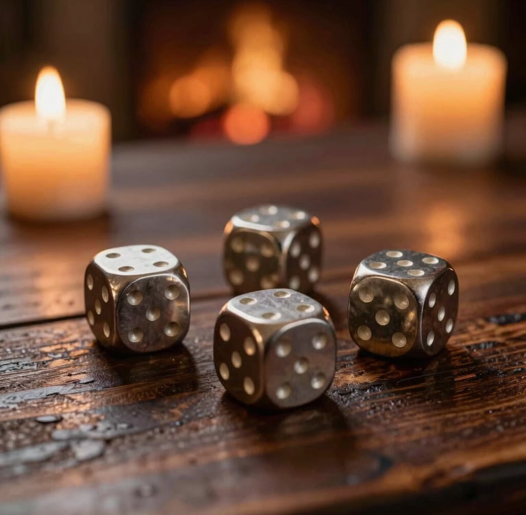 Close-up of heavy solid metal gaming dice resting on a dark rustic oak tavern table, warm candlelit side-lighting, soft gold embers in background, shallow depth of field