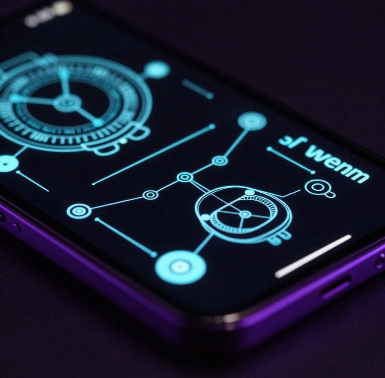 Close-up macro shot of a flagship Android screen displaying complex neon-cyan wireframe schematics, dark high-contrast studio setting, deep violet rim lighting, sharp focus, 35mm