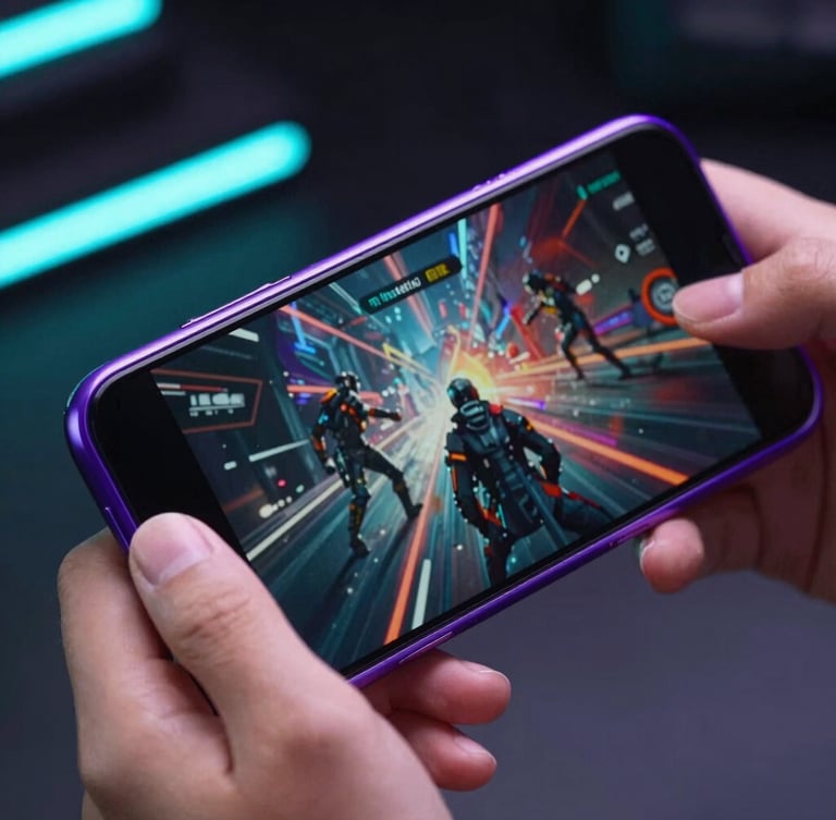 Macro close-up of hands holding a modern gaming phone, neon violet rim light reflecting off the screen displaying an intense action sequence, sharp focus