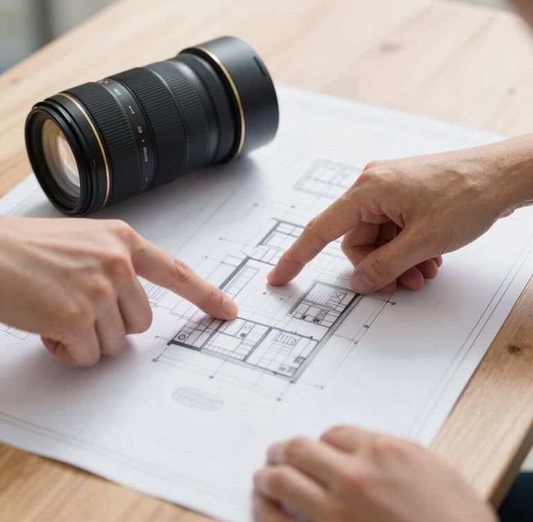 Close-up of hands pointing to an architectural blueprint on a wooden table, bright natural daylight, deep navy and gold tones, sharp focus