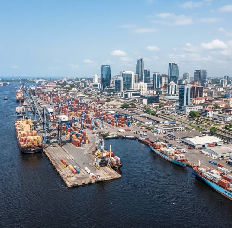 Wide environmental architectural shot of the Douala port and modern skyline under bright daylight, clean corporate composition, 35mm lens