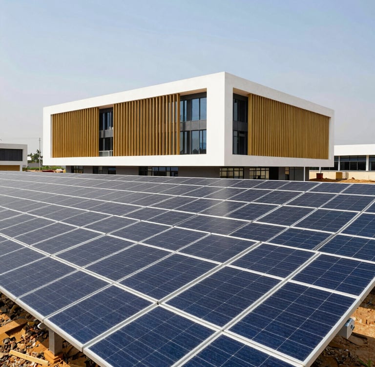 A modern infrastructure project in Cameroon under bright daylight, clean architectural lines of solar arrays, professional focus.