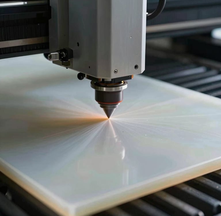 Extreme close-up of an automated laser cutting head slicing through ultra-high-molecular-weight polyethylene sheets in a dark factory