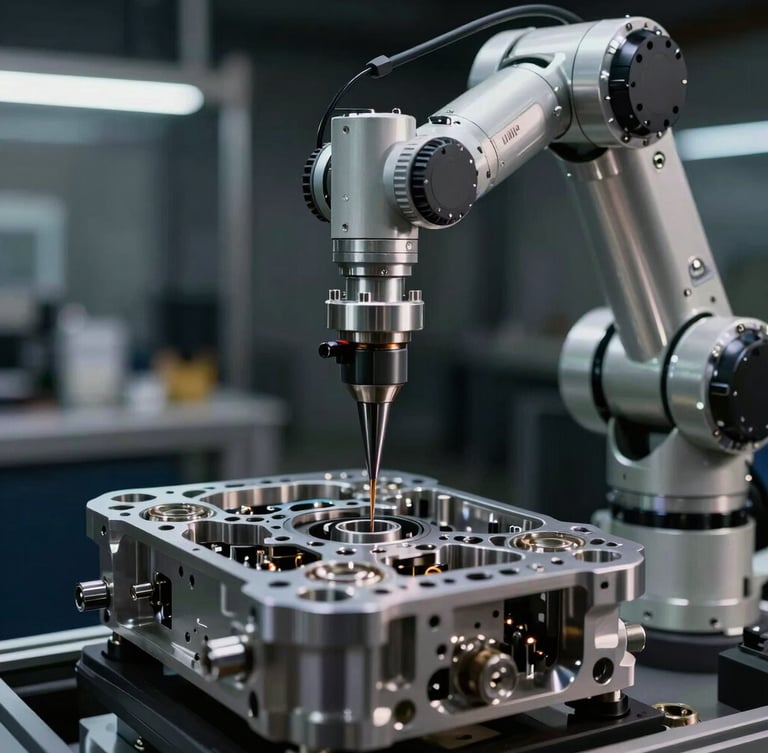 Close-up of a robotic arm precision-milling a metallic hardware chassis in a dark, high-contrast automated factory