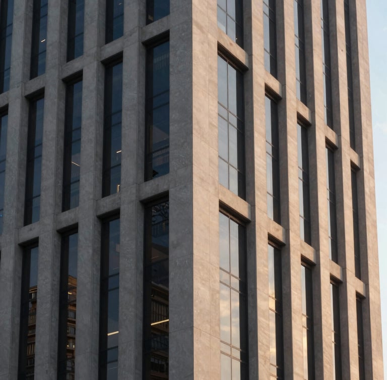 Architectural detail of a modern corporate building facade in São Paulo, glass and concrete reflecting soft sunset light, premium corporate photography, 35mm