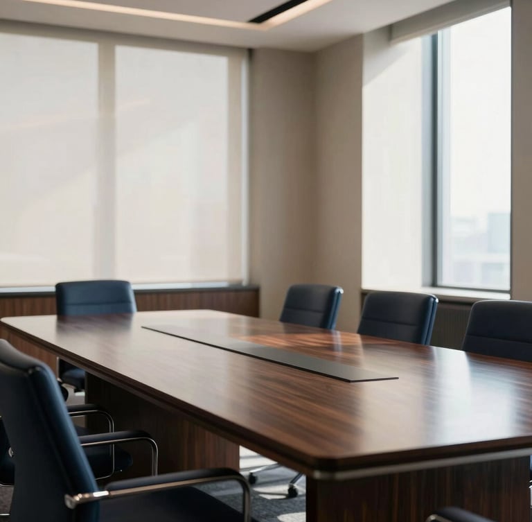 An elegant, empty executive boardroom with a polished dark wood table reflecting soft natural daylight from large windows, minimalist architectural composition