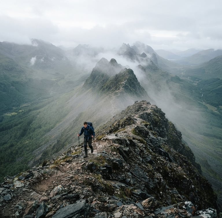 A hiker navigating a narrow mountain ridge under misty morning light, desaturated forest greens and slate grays, wide-angle lens